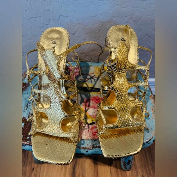 Jeffrey Campbell Le Freak Gold Metallic Tie up Sandal with Rhinestone Heel 6.5 - Picture 11 of 16